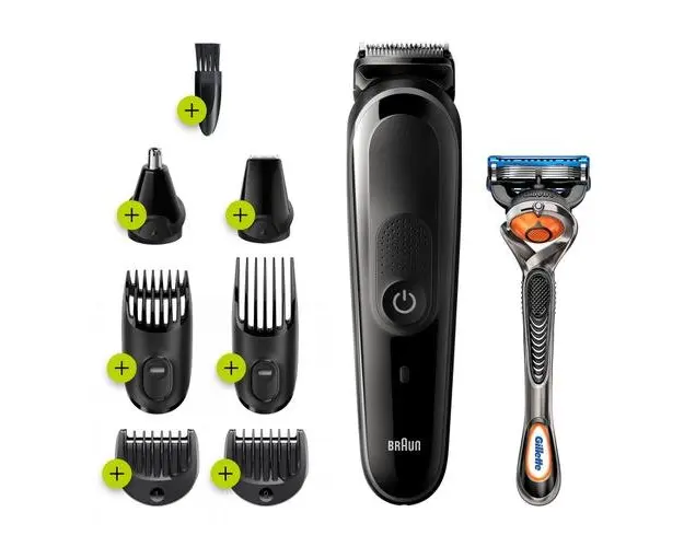 Kit de ingrijire multifunctional Braun 8 in 1 MGK5260, 4 piepteni, 13 setari lungime, 0.5-21 mm, AutoSensing, Wet&Dry, Autonomie 100 min + Aparat de ras Gillette Fusion5 ProGlide (Negru/Gri)