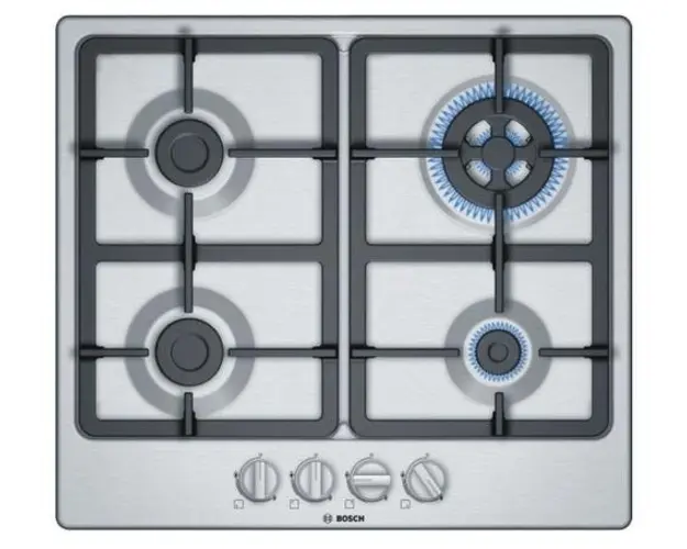 Plita incorporabila Bosch PGH6B5B90, Gaz, 4 zone de gatit, Aprindere electrica, Arzator Wok (Inox)