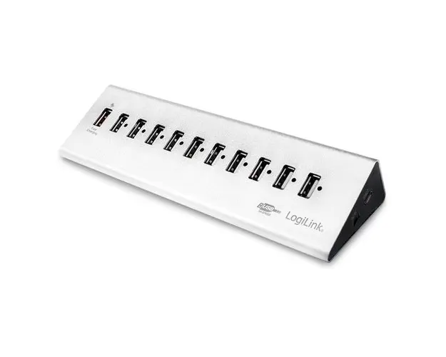 HUB USB LOGILINK UA0226, USB 2.0 x 10, Fast Charging Port, conectare prin USB 2.0, alimentare retea 220 V (Argintiu)