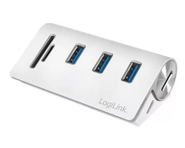 HUB USB LOGILINK CR0045, USB 3.0 x 3, slot card SD, MicroSD, conectare prin USB 3.0 (Argintiu)