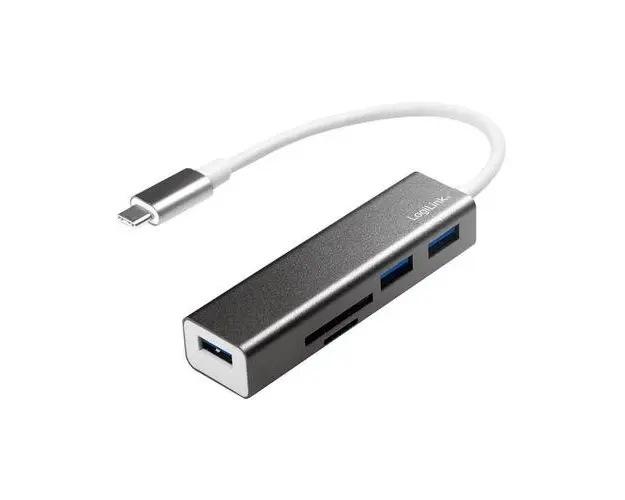 HUB USB LOGILINK UA0305, USB 3.0 x 3, slot card SD/MicroSD, conectare prin USB 3.2 Type C (Negru)