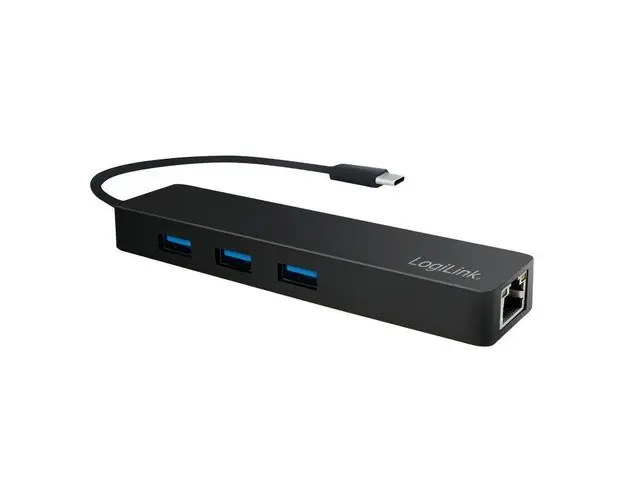 HUB USB LOGILINK UA0313, USB 3.0 x 3, RJ-45, conectare prin USB 3.2 Type C (Negru)