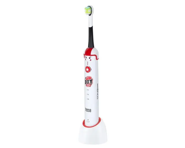 Periuta de dinti electrica pentru copii Teesa Sonic Junior Boy TSA8005, 43.000 pulsatii/min, Cronometru 2 min, IPX7, 2 Capete, Incarcator (Alb/Rosu)