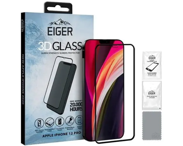 Folie Protectie Sticla Temperata Eiger 3D EGSP00622 pentru Apple iPhone 12, iPhone 12 Pro (Transparent/Negru)