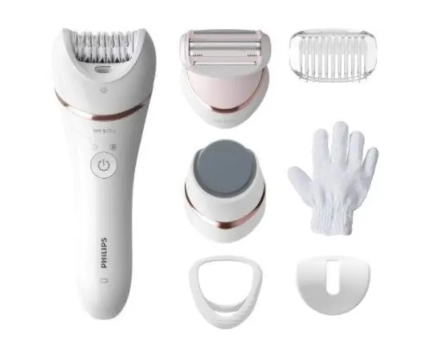 Epilator Wet&Dry Philips Seria 8000 BRE730/10, 7 Accesorii, 32 Pensete, Utilizare fara fir, 2 setari viteza, Opti-light, Discuri ceramice (Alb)