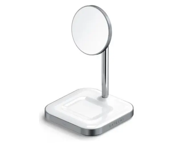 Incarcator Wireless Satechi Aluminium 2-in-1 Magnetic ST-WMCS2M pentru Apple iPhone Serie 12 si AirPods (Alb)