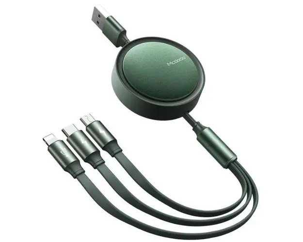 Cablu de date Mcdodo 3 in 1 CA-7251, Lightning / microUSB / USB Type-C, 3 A, 1.2 m, Retractabil (Verde)