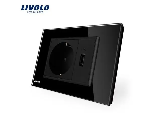 Priza simpla cu USB Livolo VL-C9C1EU1U-12, 220V (Negru)
