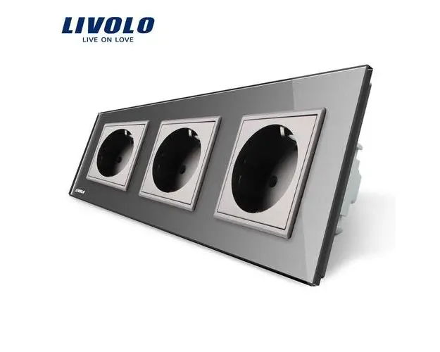 Priza tripla Livolo cu rama din sticla, 16 A (Gri)