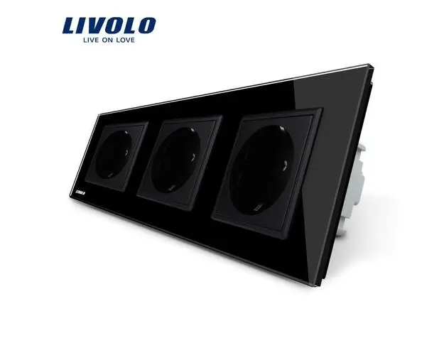 Priza tripla Livolo cu rama din sticla, 16 A (Negru)