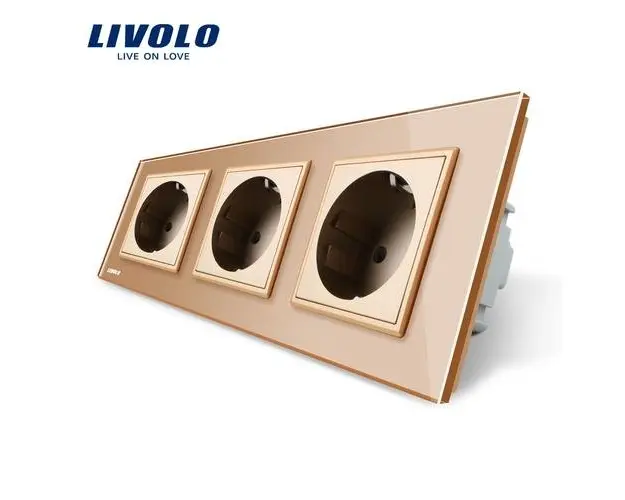 Priza tripla Livolo cu rama din sticla, 16 A (Auriu)