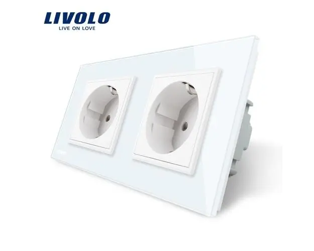 Priza dubla Livolo cu rama din sticla, 16 A (Alb)