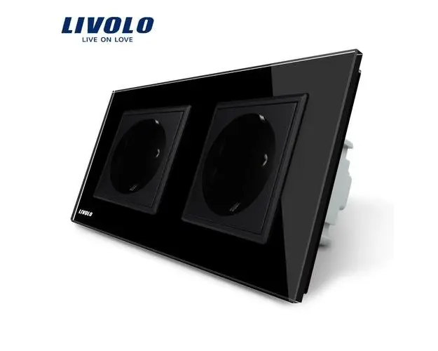 Priza dubla Livolo cu rama din sticla, 16 A (Negru)