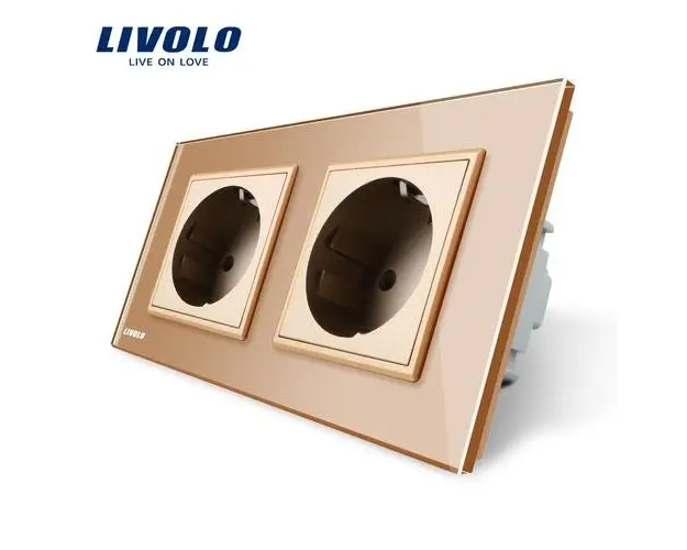 Priza dubla Livolo cu rama din sticla, 16 A (Auriu)