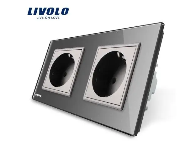 Priza dubla Livolo cu rama din sticla, 16 A (Gri)