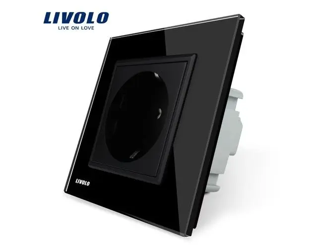 Priza simpla Livolo cu rama din sticla, 16 A (Negru)