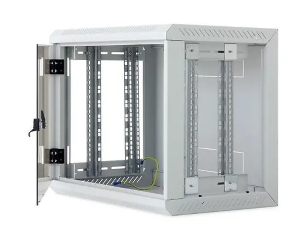 Rack de perete Triton sectiune simpla 12U 500mm adancime usa sticla panouri laterale detasabile, sectiuni acces cabluri sus/jos/spate securizare cu cheie, 1 pereche montanti reglabili, fabricat din tabla galvanizata IP30 (Gri)