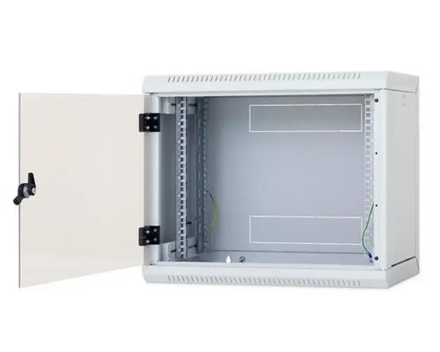 Rack de perete Triton sectiune simpla 12U 400mm adancime usa sticla panouri laterale detasabile, sectiuni acces cabluri sus/jos/spate securizare cu cheie, 1 pereche montanti reglabili, fabricat din tabla galvanizata IP30 (Gri)