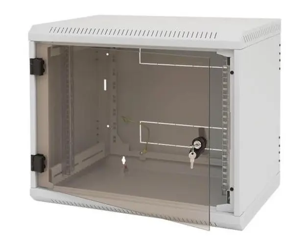 Rack de perete Triton sectiune dubla 9U 500mm adancime usa sticla panouri laterale detasabile sectiuni ventilatie activa, sectiuni acces cabluri sus/jos/spate securizare cu cheie, 1 pereche montanti reglabili IP30 (Gri)