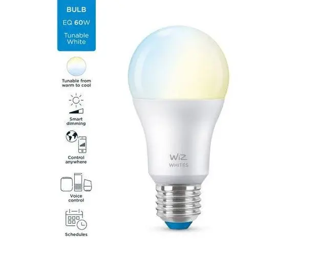 Bec LED inteligent WiZ Whites, Wi-Fi, A60, E27, 8W (60W), 220-240V, temperatura lumina reglabila (2700K-6500K), 806 lumeni, durata de viata 25.000 de ore, clasa energetica A+, compatibil Google Assistant/Alexa/Siri, dimensiuni 12.2x6cm