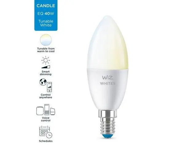 Bec LED inteligent WiZ Whites, Wi-Fi, C37, E14, 4.9W (40W), 220-240V, temperatura lumina reglabila (2700K-6500K), 470 lumeni, durata de viata 15.000 de ore, clasa energetica A+, compatibil Google Assistant/Alexa/Siri, dimensiuni 11.6x3.9cm