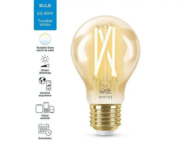 Bec LED inteligent vintage WiZ Filament Whites, Wi-fi, A60, E27, 6.7W (50W), 220-240V, temperatura lumina reglabila (2000K-5000K), 640 lumeni, durata de viata 15.000 de ore, clasa energetica A+, compatibil Google Assistant/Alexa/Siri