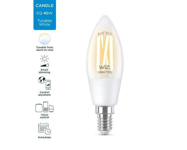 Bec LED inteligent vintage WiZ Filament Whites, Wi-Fi, C35, E14, 4.9W (40W), temperatura lumina reglabila (2700K-6500K), 470 lumeni, durata de viata 15.000 de ore, clasa energetica A+, compatibil Google Assistant/Alexa/Siri, dimensiuni 11.2x3.5cm