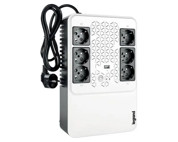 UPS Legrand MULTIPLUG 600, 600VA/360W, 6x German standard sockets, USB charger, baterie 1x 12V 7.2Ah, 230V, tehnologie Line interactiv, dimensiuni 190 x 89.5 x 296 mm