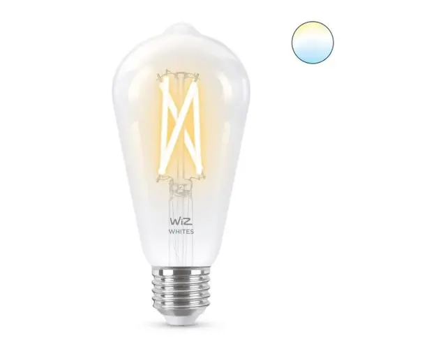 Bec LED inteligent vintage WiZ Filament Whites Philips, Wireless, ST64, E27, 6.7W (60W), 220-240V, temperatura lumina reglabila calda-rece (2700K-6500K), 806 lumeni, durata de viata 15.000 de ore, clasa energetica A++