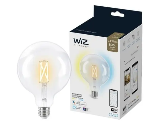 Bec LED inteligent vintage WiZ Filament Whites Philips, Wireless, G125, E27, 6.7W (60W), 220-240V, temperatura lumina reglabila calda-rece (2700K-6500K), 806 lumeni, durata de viata 15.000 de ore, clasa energetica A++