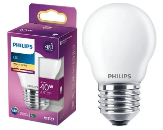 Bec LED Philips Classic, E27 P45, 4.3W (40W), ambianta alba, temperatura lumina calda 2700K, 470 lumeni, durata de viata 15.000 de ore, clasa energetica A++