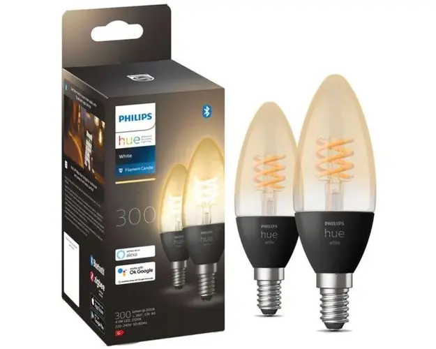 Pachet 2 becuri LED inteligente vintage Philips Hue Filament Candle, Bluetooth, Zigbee, E14, 4.5W (28W), 300 lm, lumina alba calda (2100K)