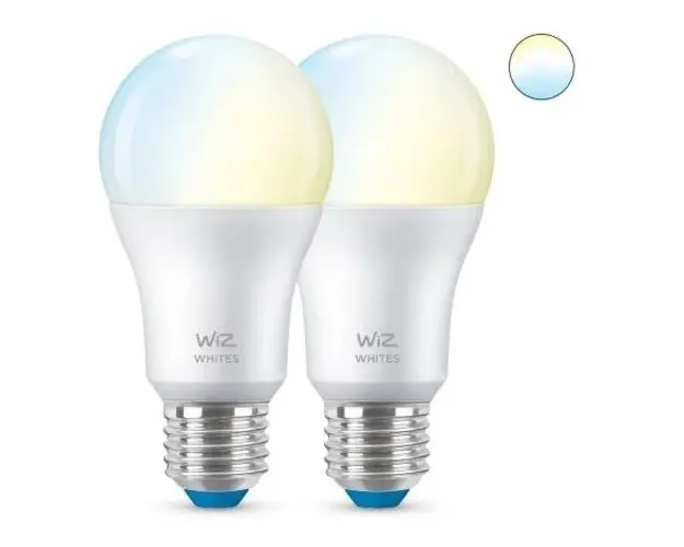 Pachet 2 becuri LED inteligente WiZ Connected A60, Wi-Fi + Bluetooth, E27, 8W (60W), temperatura lumina reglabila (2700-6500K), compatibil Google Assistant/Alexa/Siri