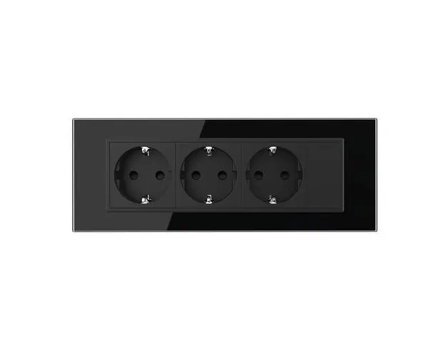 Priza tripla cu blank Livolo cu rama din sticla 6/7 module standard Italian (Negru)