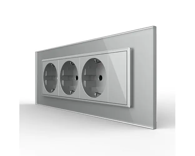 Priza tripla cu blank Livolo cu rama din sticla 6/7 module standard Italian (Gri)