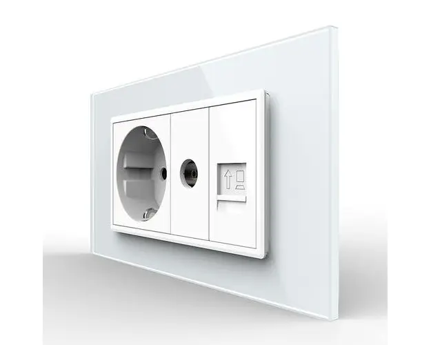Priza Dubla Livolo cu Rama din Sticla 1 Priza Schuko+TV/internet, Standard Italian Serie Noua (Alb)