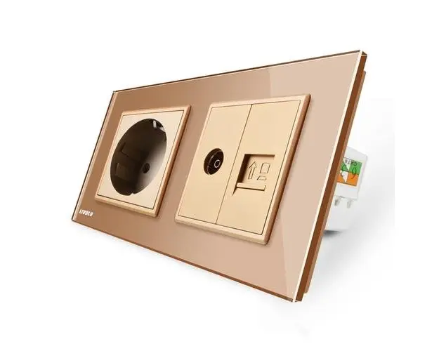 Priza dubla Livolo cu rama din sticla 1 priza Schuko+TV/internet (Auriu)
