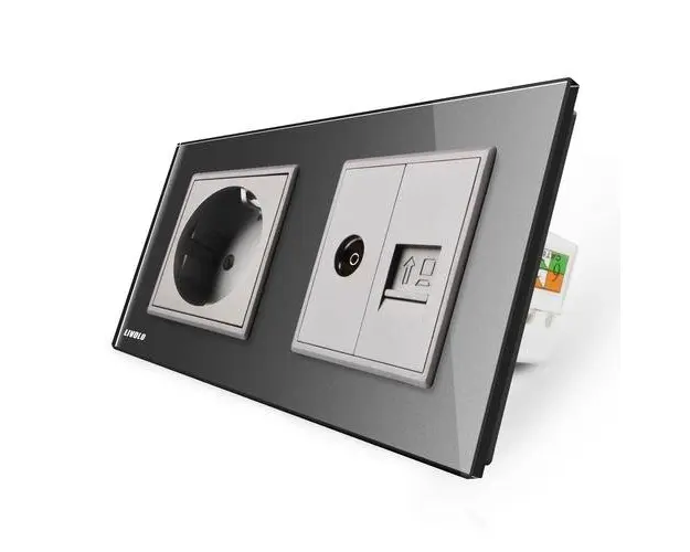 Priza dubla Livolo cu rama din sticla 1 priza Schuko+TV/internet (Gri)