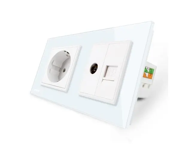 Priza dubla Livolo cu rama din sticla 1 priza Schuko+TV/internet (Alb)