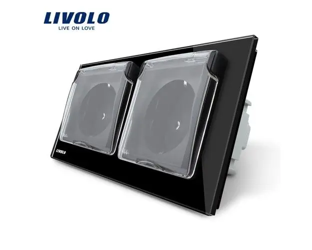 Priza dubla Livolo cu rama din sticla si capac de protectie rezistent la apa (Negru)