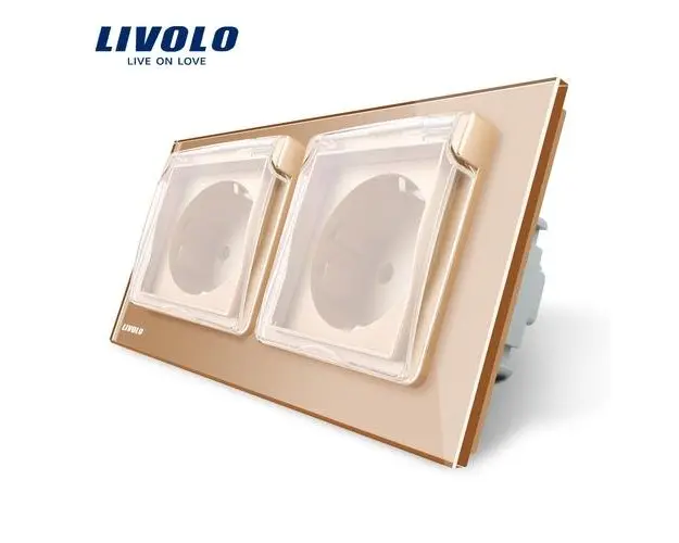 Priza dubla Livolo cu rama din sticla si capac de protectie rezistent la apa (Auriu)