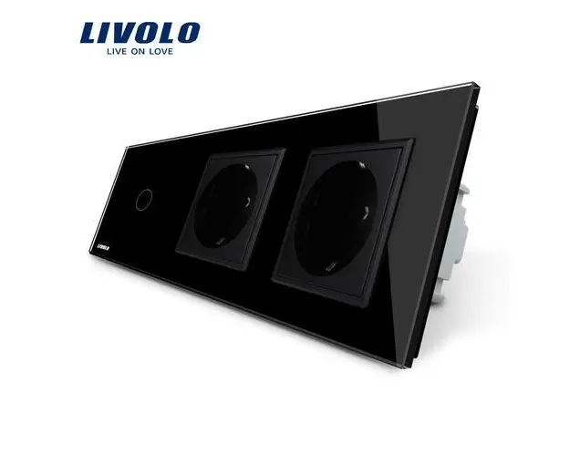 Intrerupator LIVOLO simplu cap scara / cap cruce cu touch si 2 prize din sticla (Negru)