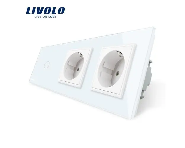 Intrerupator LIVOLO simplu cap scara / cap cruce cu touch si 2 prize din sticla (Alb)