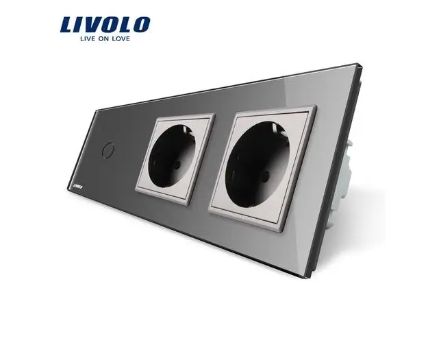 Intrerupator LIVOLO simplu cap scara / cap cruce cu touch si 2 prize din sticla (Gri)