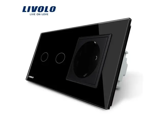 Intrerupator dublu cap scara / cap cruce + priza simpla Livolo rama din sticla (Negru)