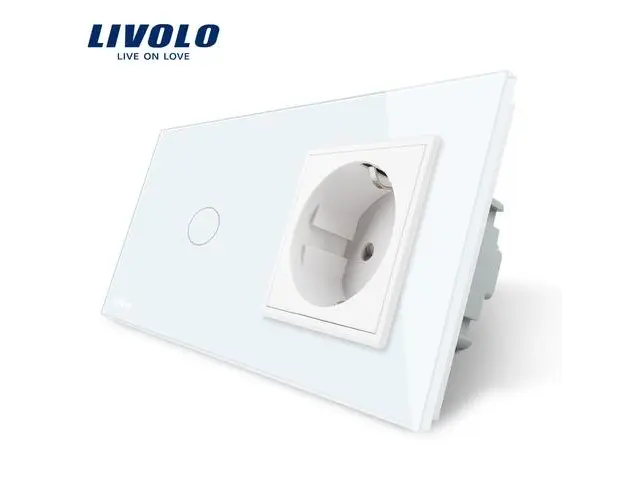 Intrerupator simplu cap scara / cap cruce + priza simpla Livolo rama din sticla (Alb)