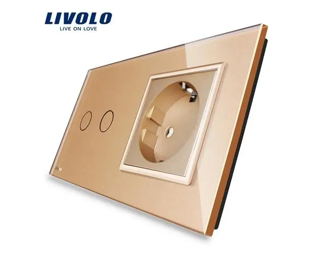 Intrerupator dublu cap scara / cap cruce + priza simpla Livolo rama din sticla (Auriu)