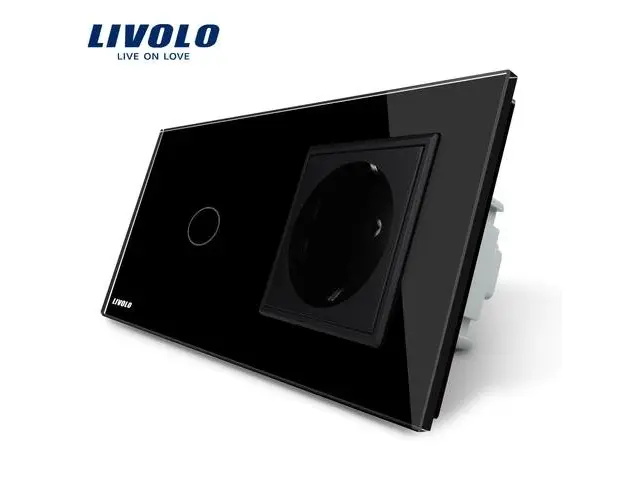 Intrerupator simplu cap scara / cap cruce + priza simpla Livolo rama din sticla (Negru)
