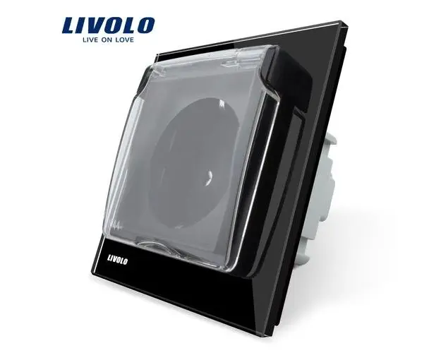Priza simpla Livolo cu rama din sticla si capac de protectie rezistent la apa (Negru)