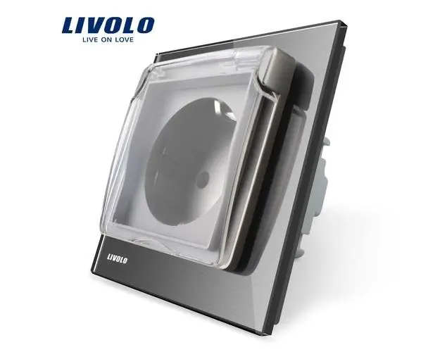 Priza simpla Livolo cu rama din sticla si capac de protectie rezistent la apa (Gri)